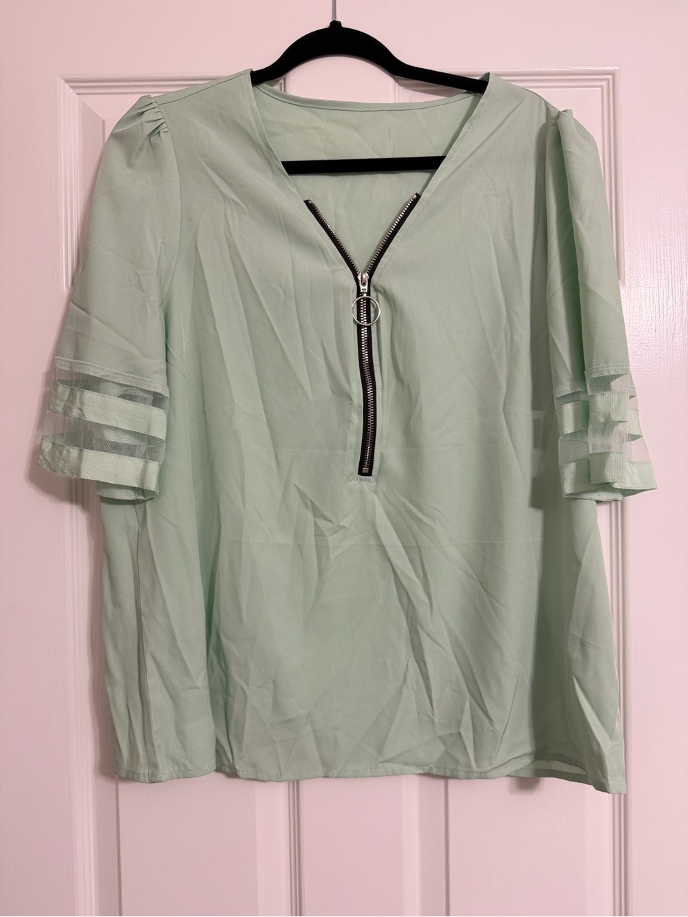 SHEIN Mint Green Zip-Front Blouse with Ring Pull
